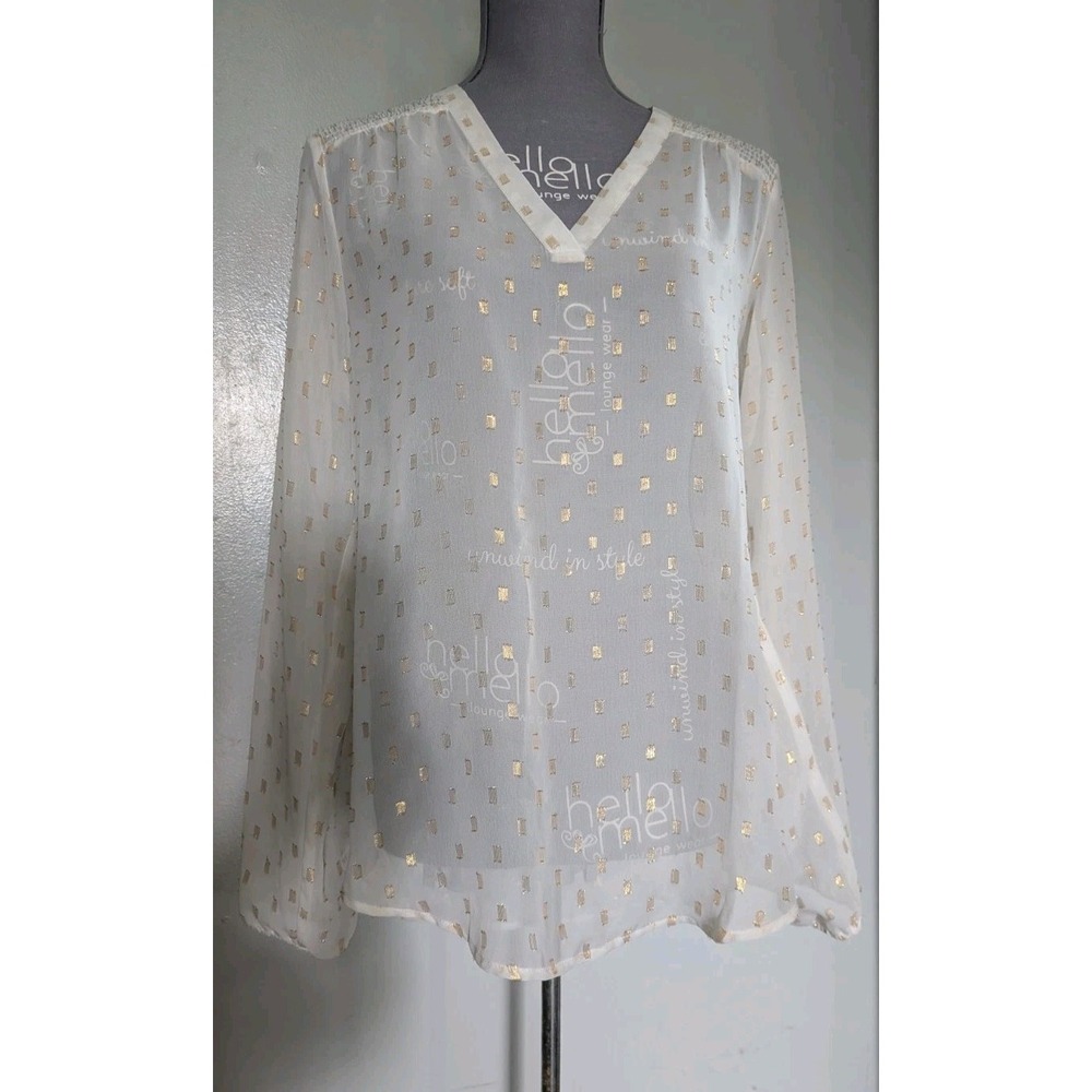 Maurices Sheer White Gold Foil V-Neck Blouse Long Sleeve Lounge Top Medium